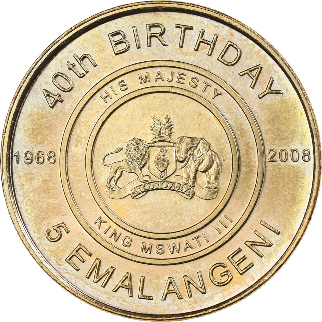 Swaziland, King Msawati III, 5 Emalangeni, 2008, Brass, MS(63), KM:55