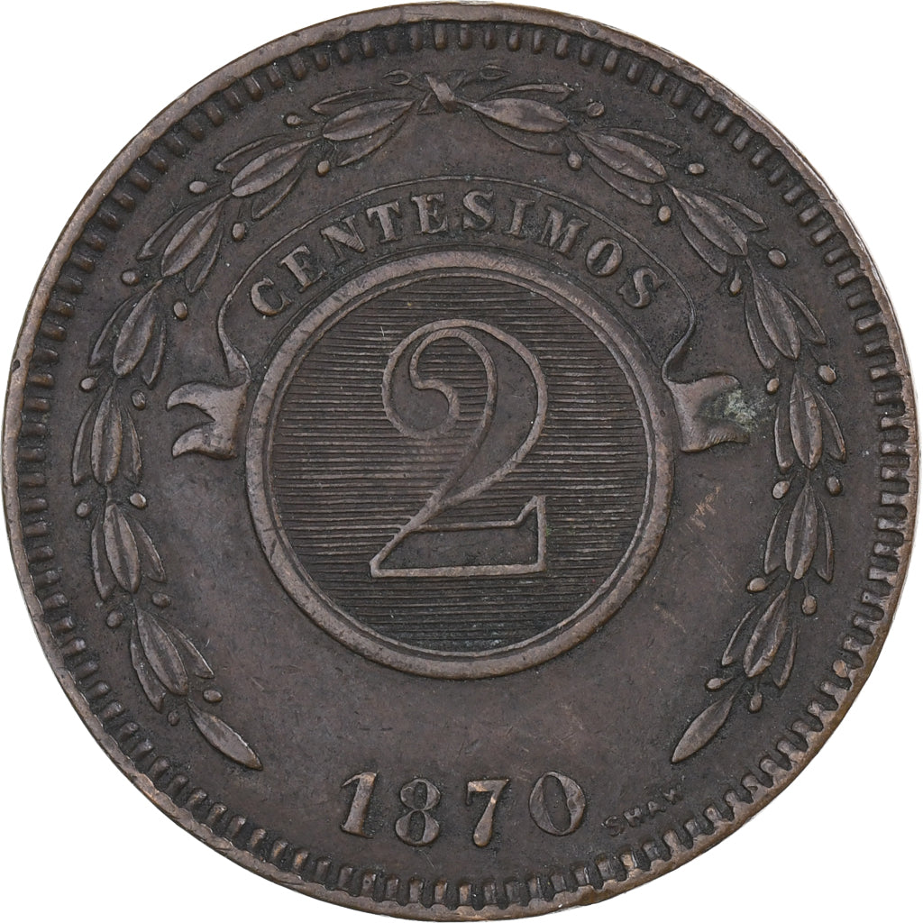 Paraguai, 2 Centesimos, 1870, Cobre, EF(40-45), KM:3