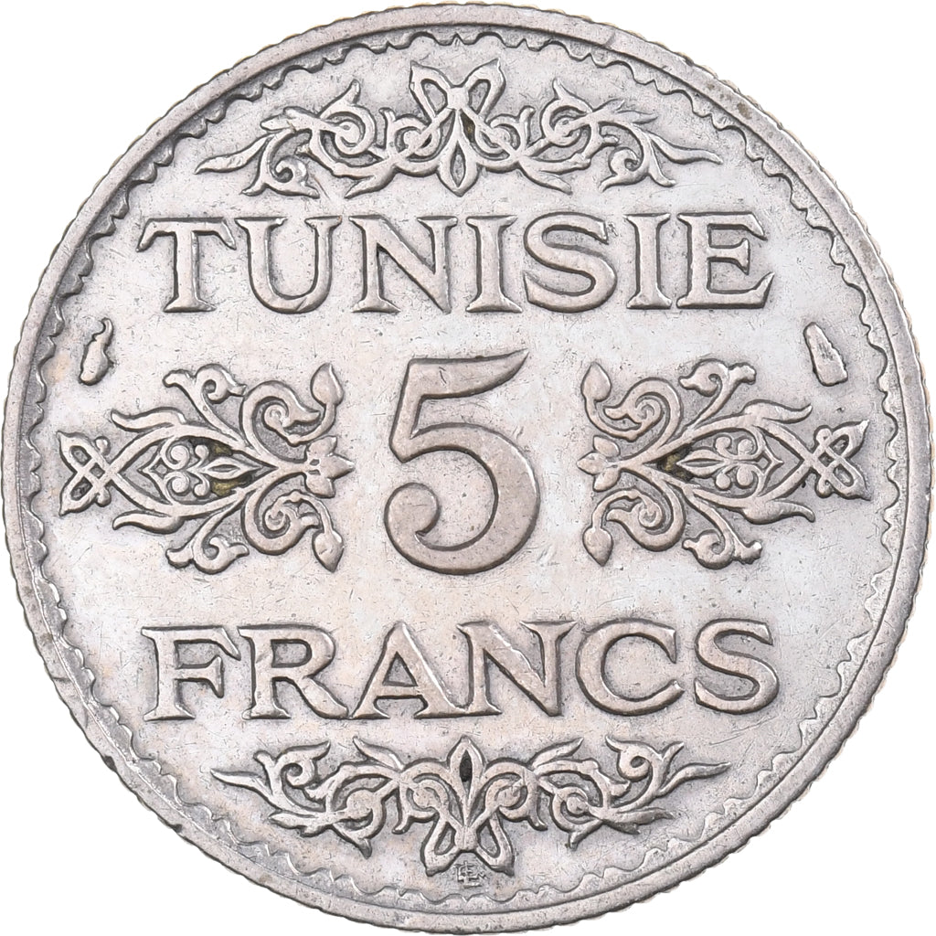 Tunisia, Ahmad Pasha Bey, 5 Francs, 1936/AH1355, Paris, Silver, AU(50-53)