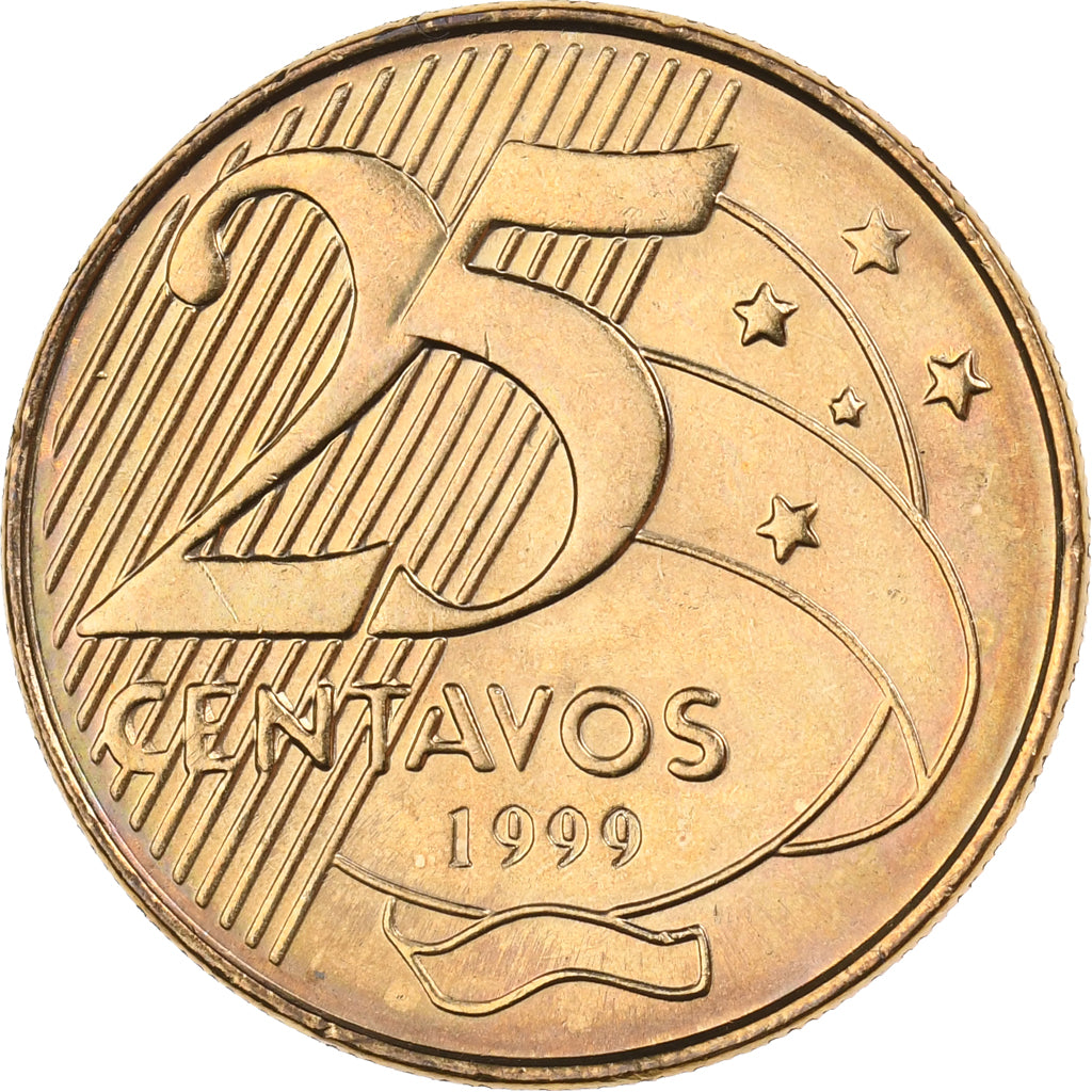 Brazil, 25 Centavos, 1999, Bronze Plated Steel, MS(65-70), KM:650