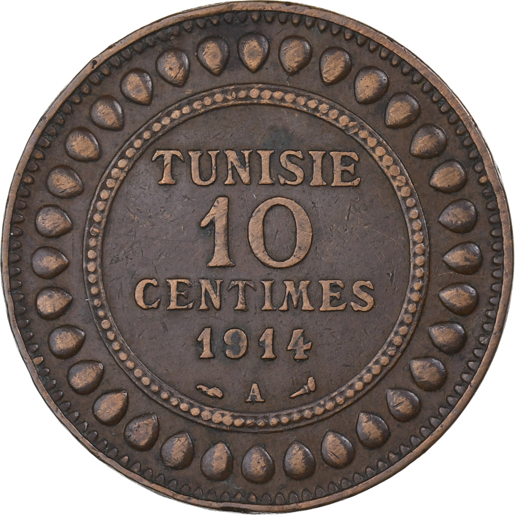 Túnez, Muhammad al-Nasir Bey, 10 Centimes, 1914 (AH 1332), Paris, Bronce, MBC+