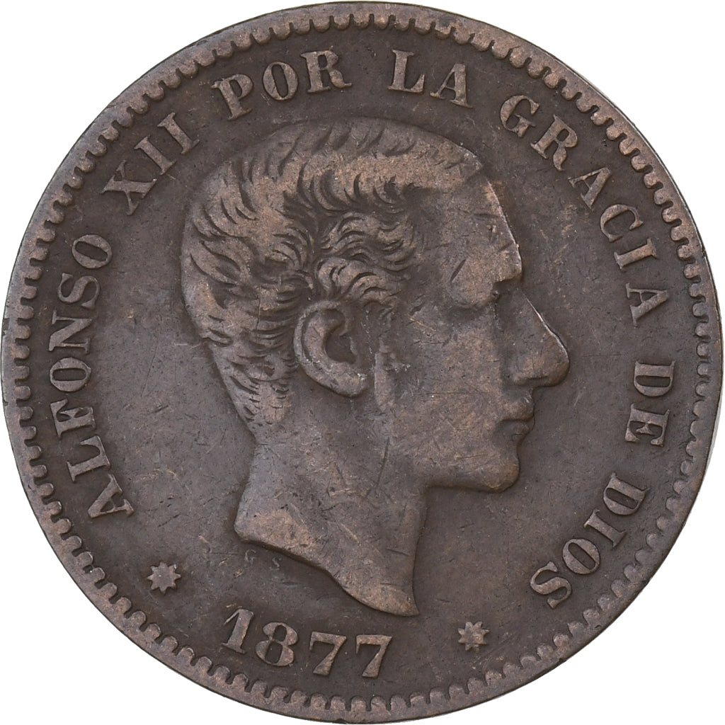 Spagna, Alfonso XII, 5 Centimos, 1877, Madrid, Bronzo, MB+, KM:674