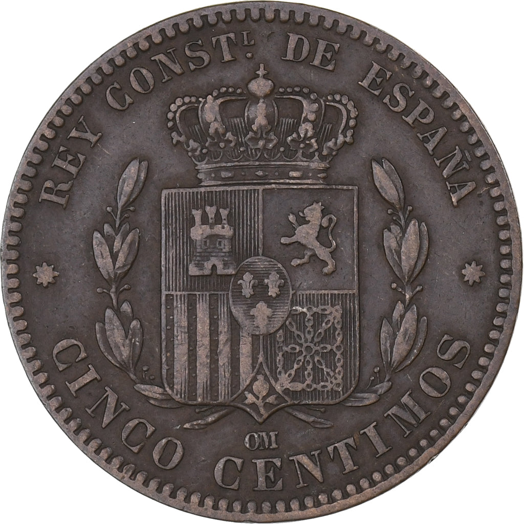 Spagna, Alfonso XII, 5 Centimos, 1877, Madrid, Bronzo, MB+, KM:674