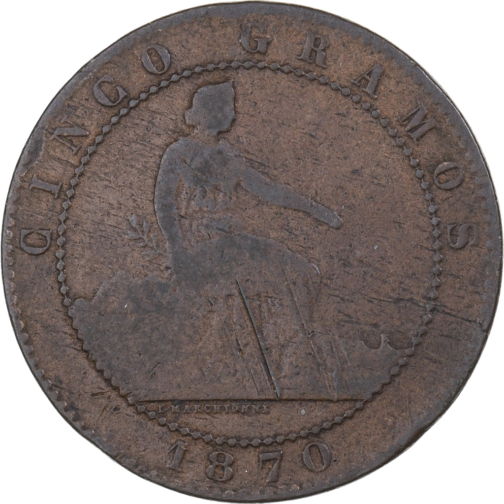 Spain, Provisional Government, 5 Centimos, 1870, Copper, VF(20-25), KM:662