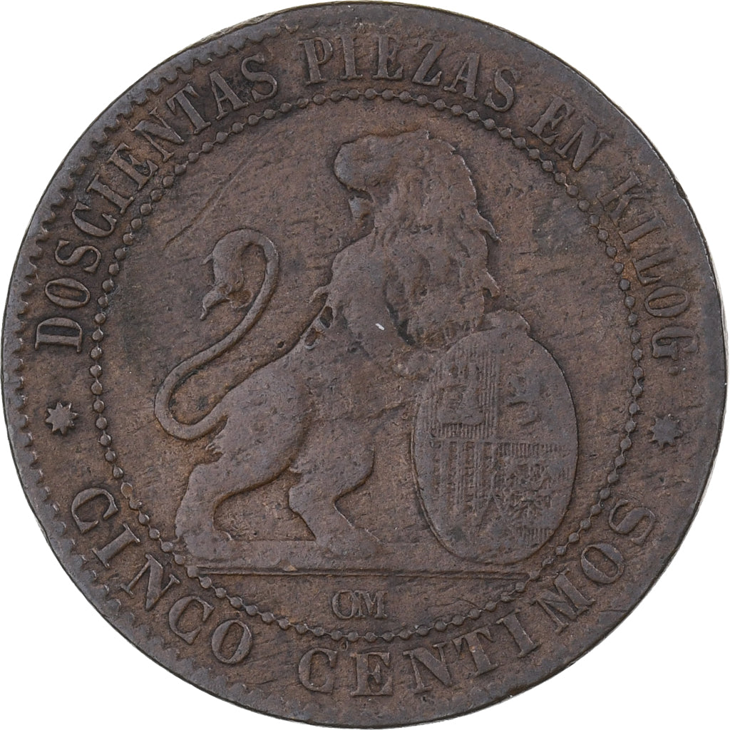 Spain, Provisional Government, 5 Centimos, 1870, Copper, VF(20-25), KM:662