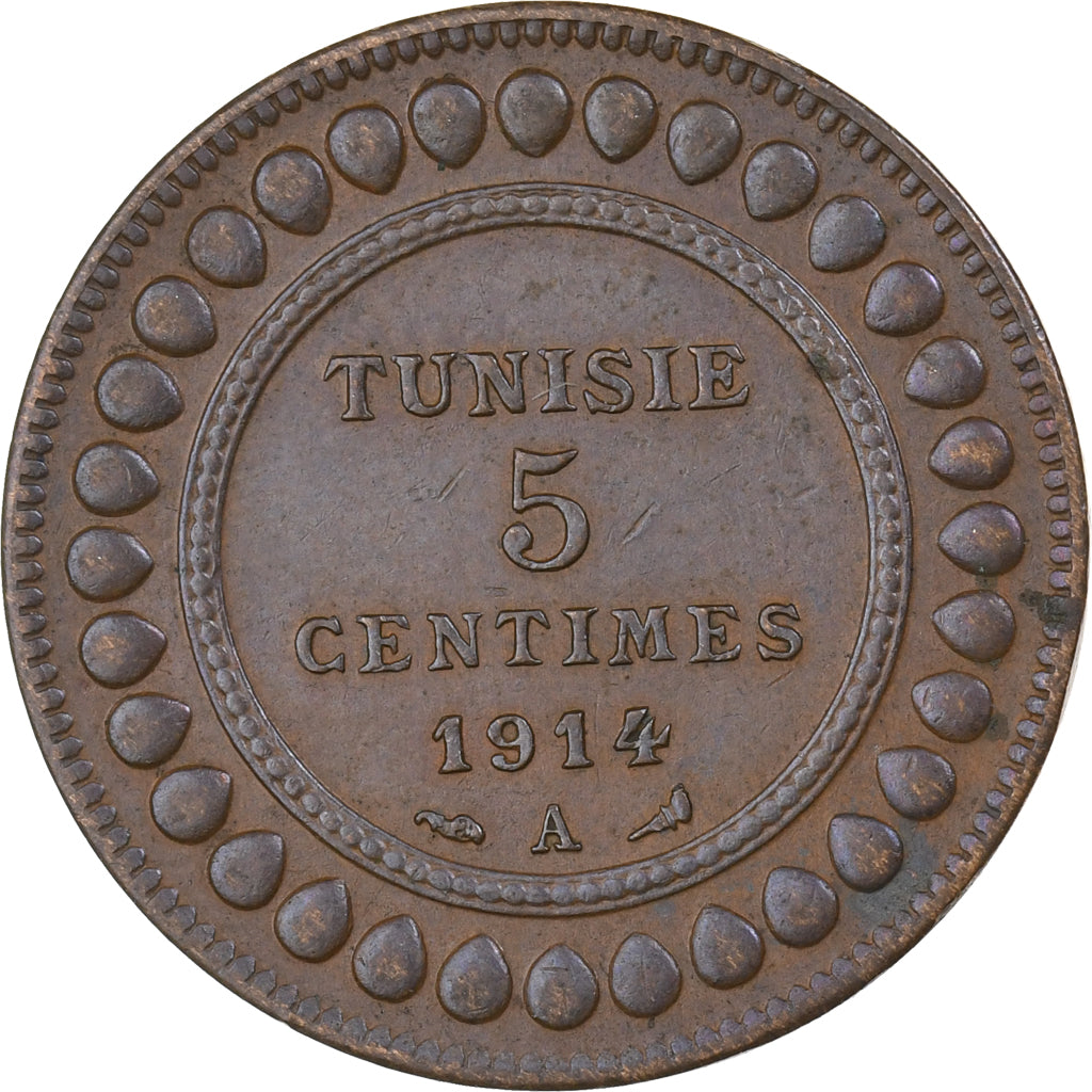 Tunisia, Muhammad al-Nasir Bey, 5 Centimes, 1914, Paris, Bronze, AU(50-53)