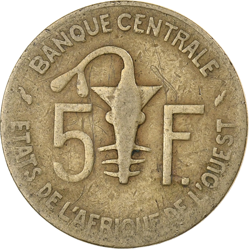 West African States, 5 Francs, 1977, Aluminum-Nickel-Bronze, VF(20-25), KM:2a