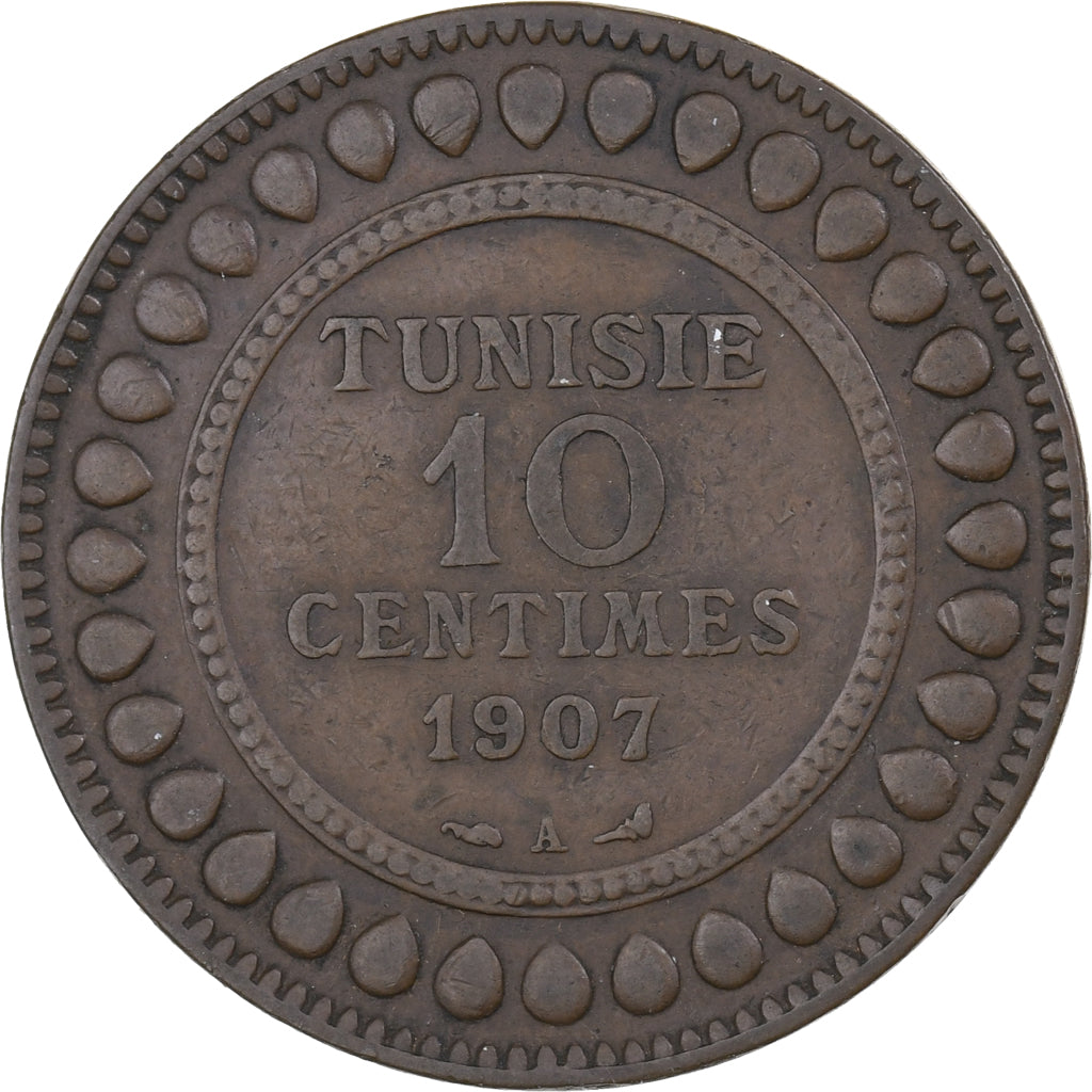 Tunisie, Muhammad al-Nasir Bey, 10 Centimes, 1907, Paris, Bronze, TB+, KM:236
