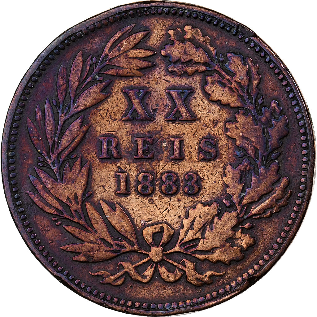 Portugal, Luiz I, 20 Reis, 1883, Brązowy, VF(20-25), KM:527
