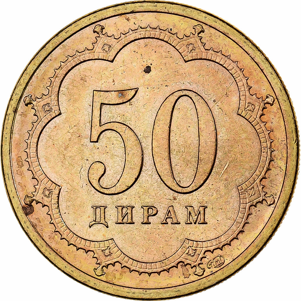 Tadżykistan, 50 Drams, 2001, St. Petersburg, Mosiądz, MS(63), KM:6.1