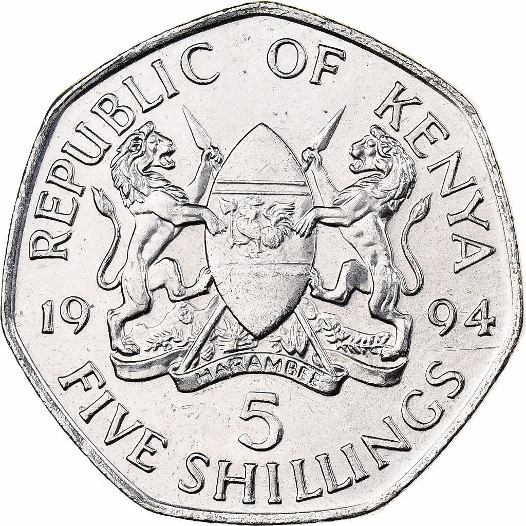 Quénia, 5 Shillings, 1994, British Royal Mint, Aço Niquelado, MS(65-70)