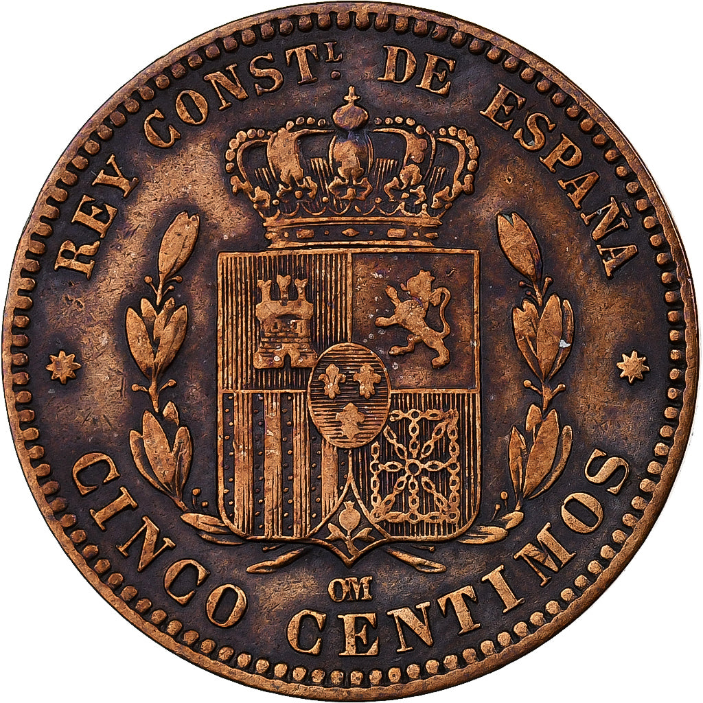 Spanien, Alfonso XII, 5 Centimos, 1877, Madrid, Bronze, SS, KM:674