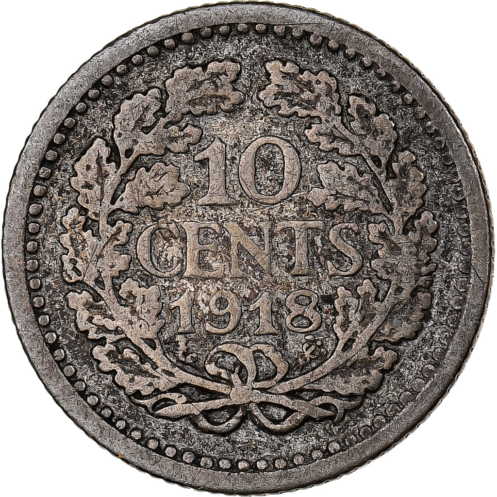 Países Bajos, Wilhelmina I, 10 Cents, 1918, Plata, BC+, KM:145