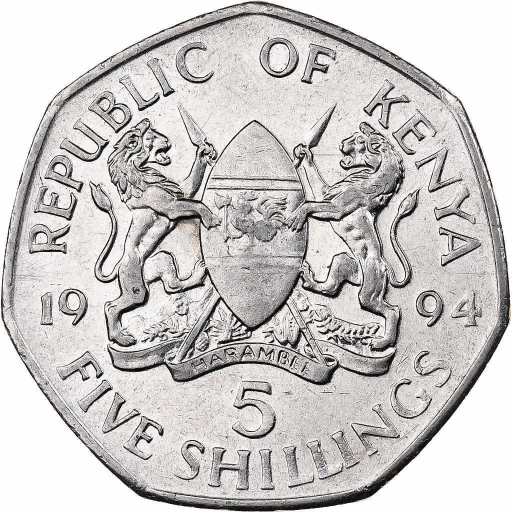 Kenya, 5 Shillings, 1994, British Royal Mint, Nickel plated steel, SS, KM:23a