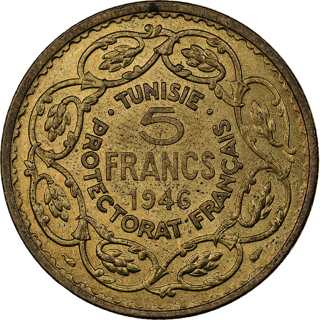 Tunesien, Muhammad al-Amin Bey, 5 Francs, 1946, Paris, Aluminum-Bronze, VZ