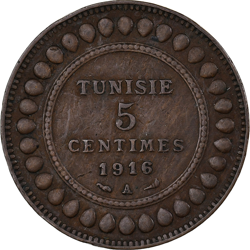 Tunisia, Muhammad al-Nasir Bey, 5 Centimes, 1916/AH1334, Paris, Bronze