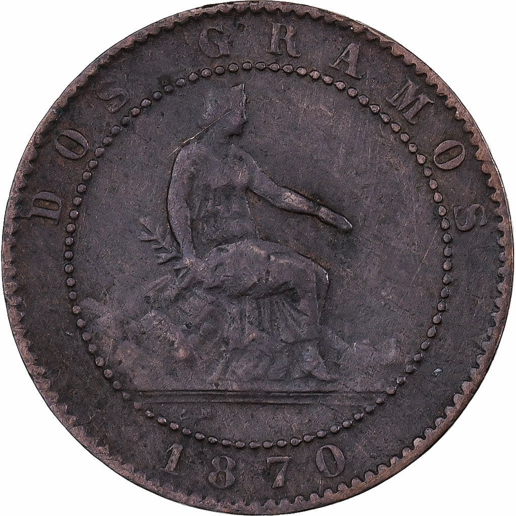 Spain, Provisional Government, 2 Centimos, 1870, Madrid, Copper, EF(40-45)