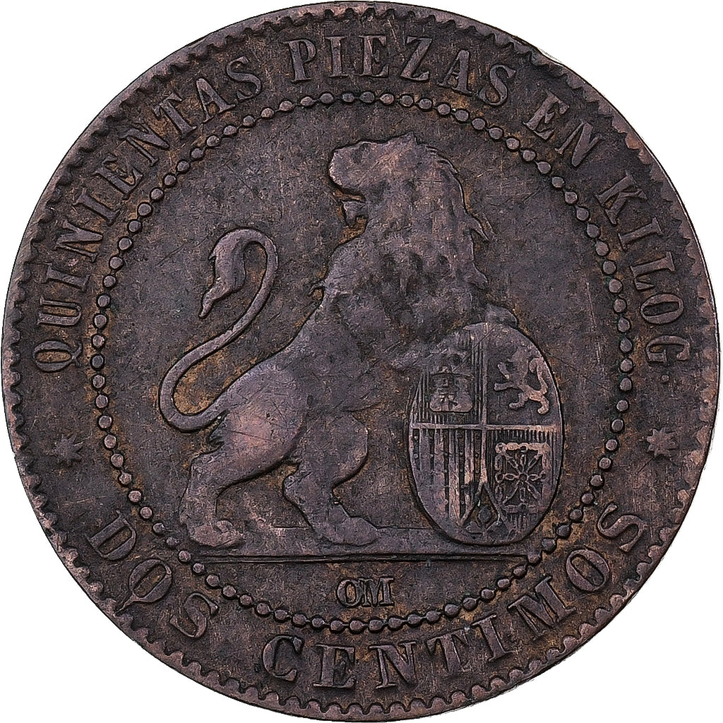 Spain, Provisional Government, 2 Centimos, 1870, Madrid, Copper, EF(40-45)