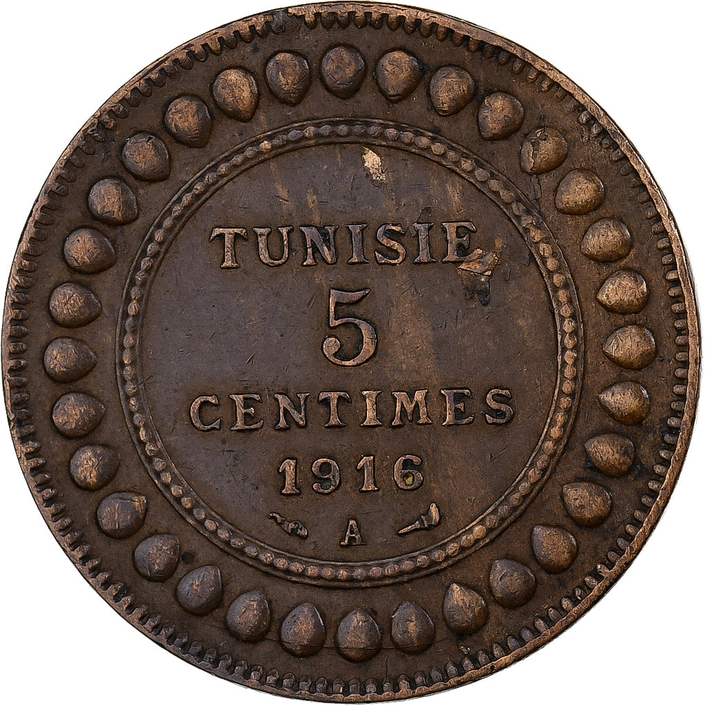 Tunisia, Muhammad al-Nasir Bey, 5 Centimes, 1916/AH1334, Paris, Bronze