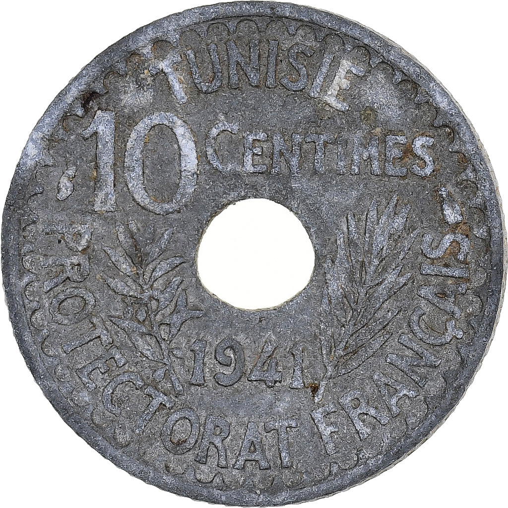 Tunisia, Ahmad Pasha Bey, 10 Centimes, 1941/AH1360, Paris, Zinc, VF(30-35)