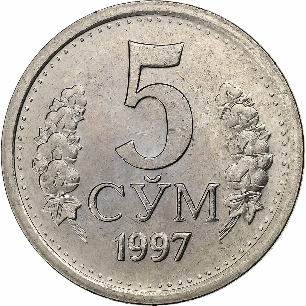 Uzbekistán, 5 Som, 1997, Níquel recubierto de acero, FDC, KM:9