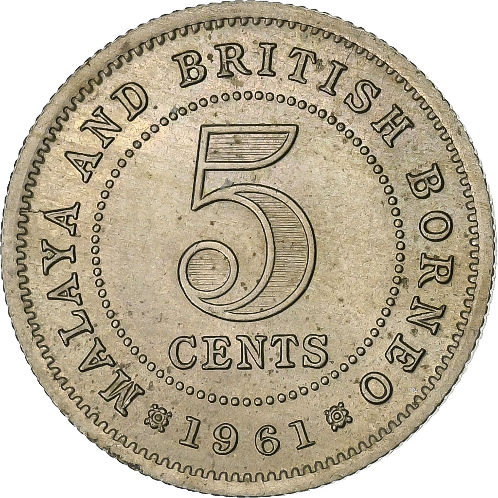 MALAIA E BORNÉU BRITÂNICO, 5 Cents, 1961, Cobre-níquel, AU(55-58), KM:1