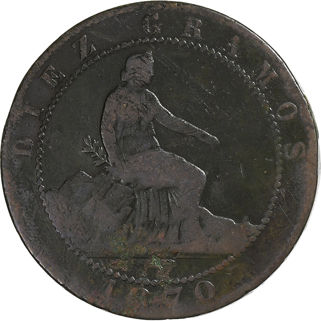 Spanje, Provisional Government, 10 Centimos, 1870, Madrid, Koper, FR, KM:663