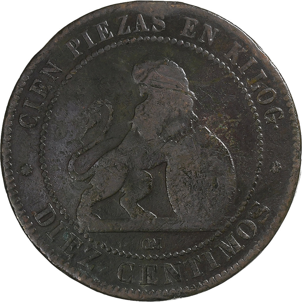 Spanje, Provisional Government, 10 Centimos, 1870, Madrid, Koper, FR, KM:663