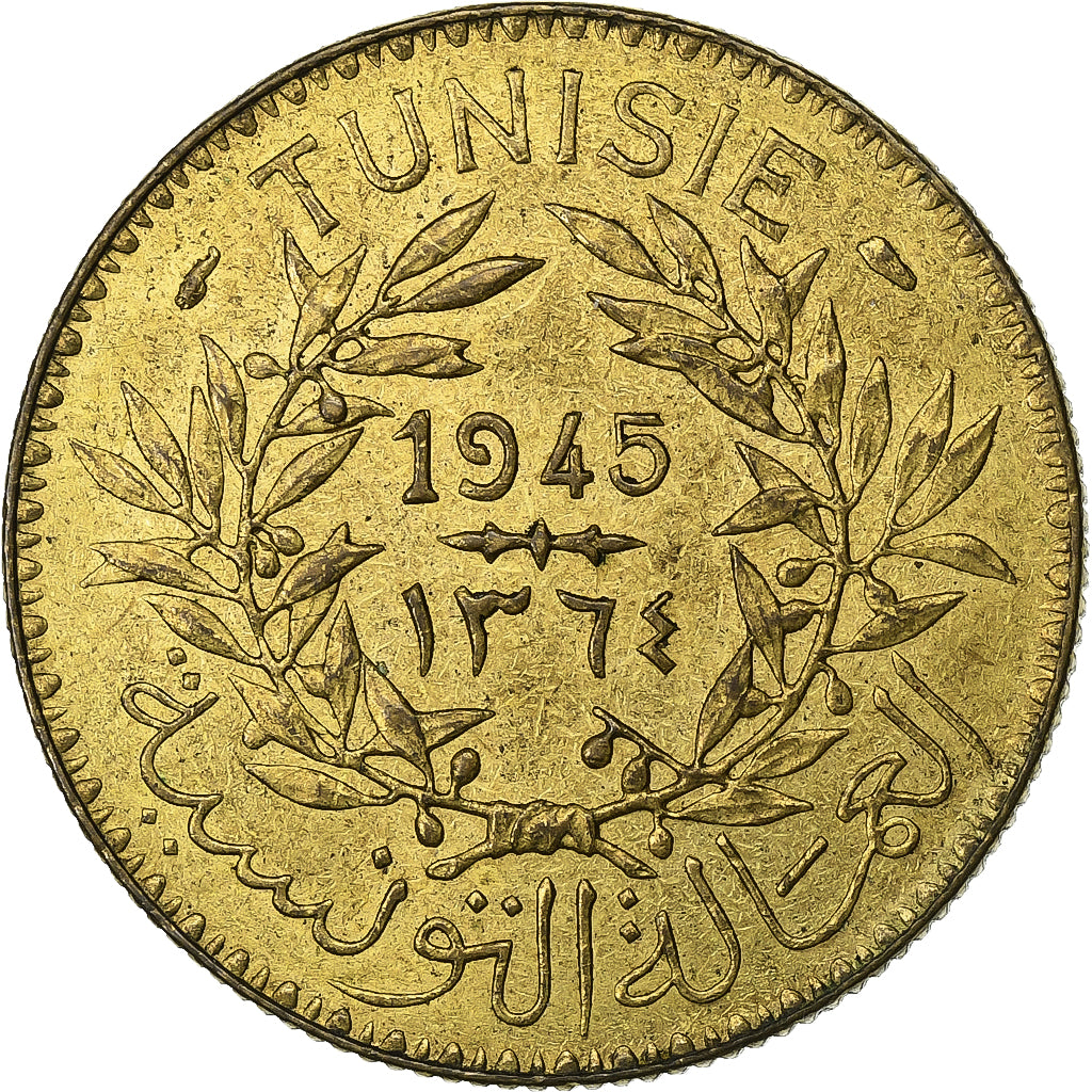 Tunisia, Anonymous, 2 Francs, AH 1364/1945, Paris, Aluminum-Bronze, AU(50-53)