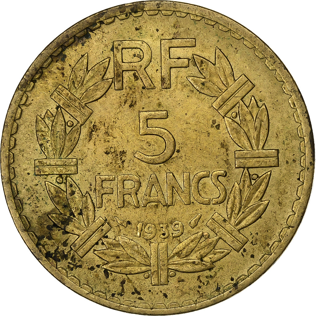 Francja, 5 Francs, Lavrillier, 1939, Aluminium-Brąz, VF(30-35), KM:888a.1
