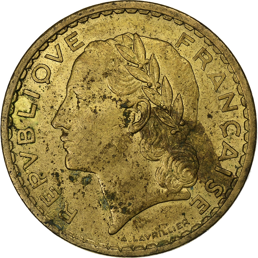 Francja, 5 Francs, Lavrillier, 1939, Aluminium-Brąz, VF(30-35), KM:888a.1