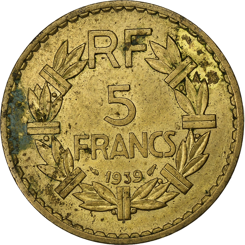 Francja, 5 Francs, Lavrillier, 1939, Aluminium-Brąz, VF(30-35), KM:888a.1