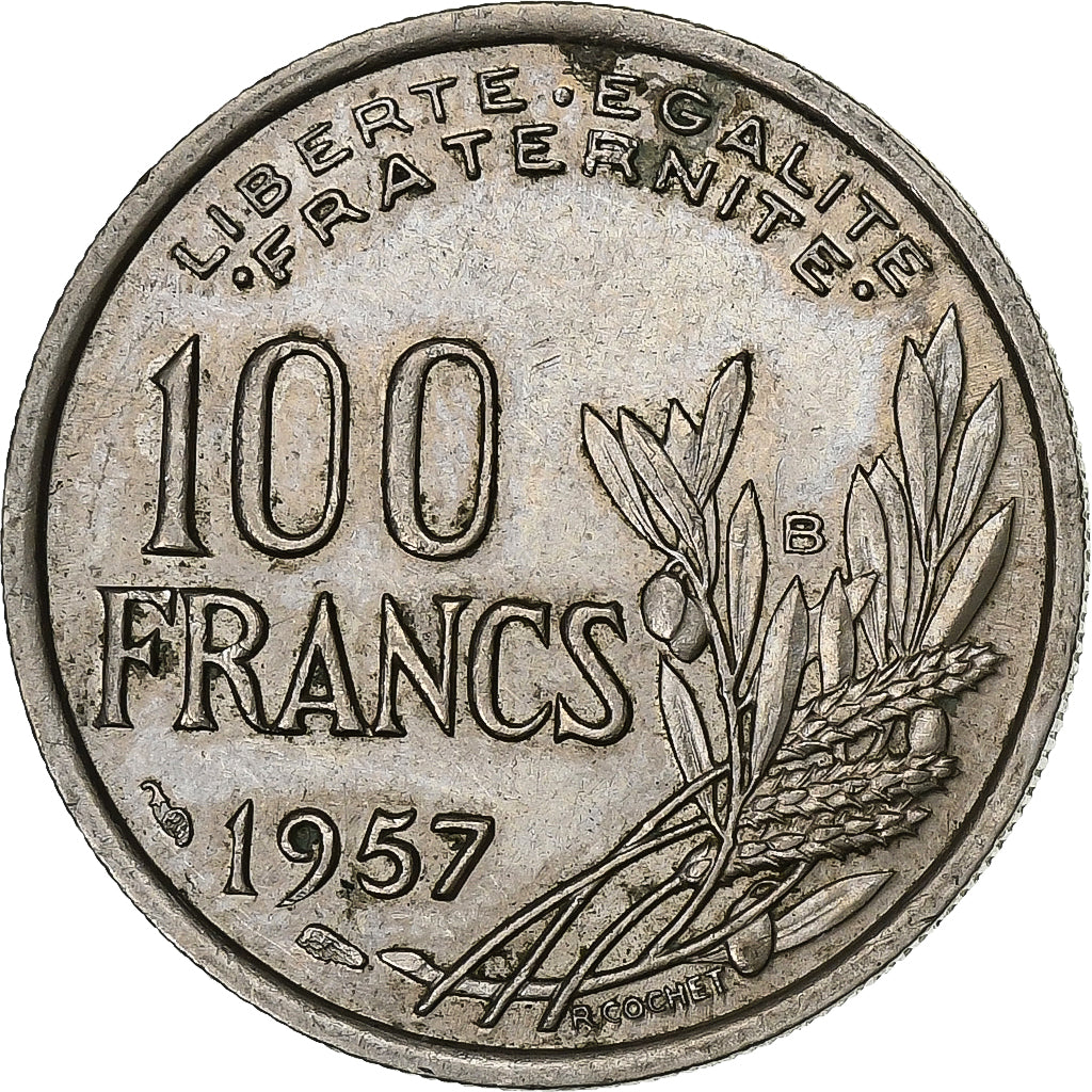 França, 100 Francs, Cochet, 1957, Beaumont - Le Roger, Cobre-níquel