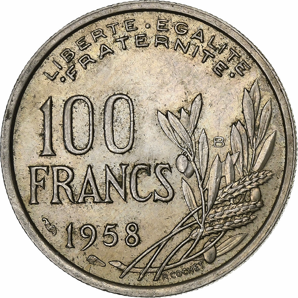 França, 100 Francs, Cochet, 1958, Beaumont - Le Roger, Cobre-níquel