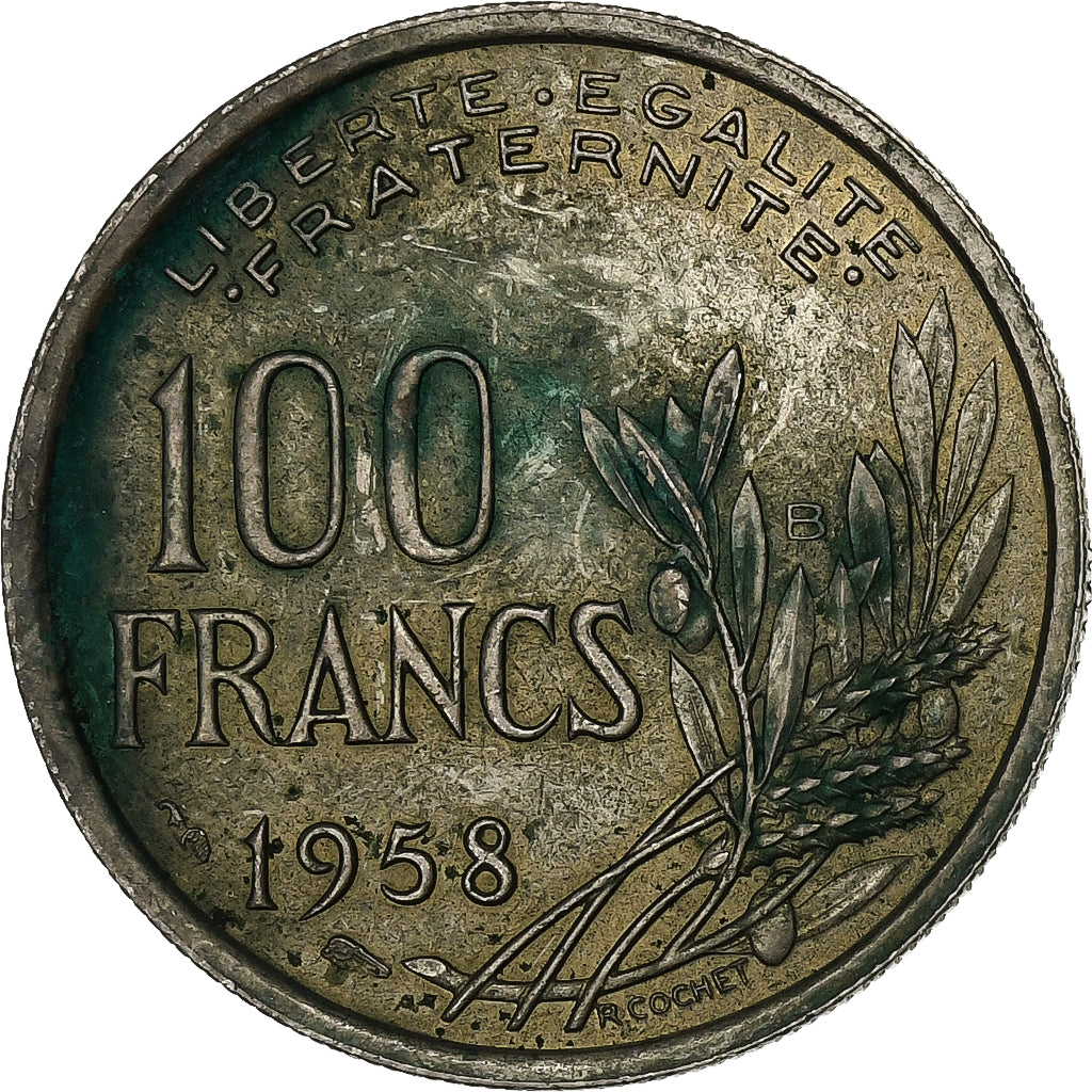 França, 100 Francs, Cochet, 1958, Beaumont - Le Roger, Cobre-níquel