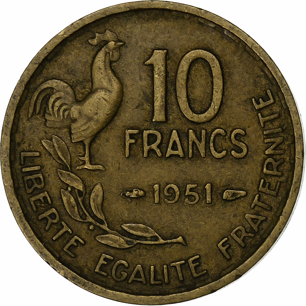 Francja, 10 Francs, Guiraud, 1951, Paris, Aluminium-Brąz, EF(40-45), KM:915.1