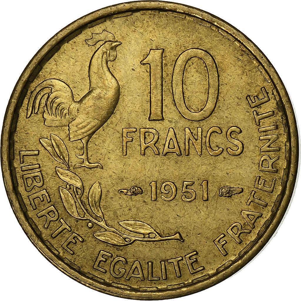 France, 10 Francs, Guiraud, 1951, Paris, Aluminum-Bronze, AU(50-53), KM:915.1