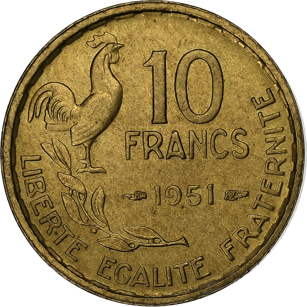 France, 10 Francs, Guiraud, 1951, Paris, Aluminum-Bronze, EF(40-45), KM:915.1