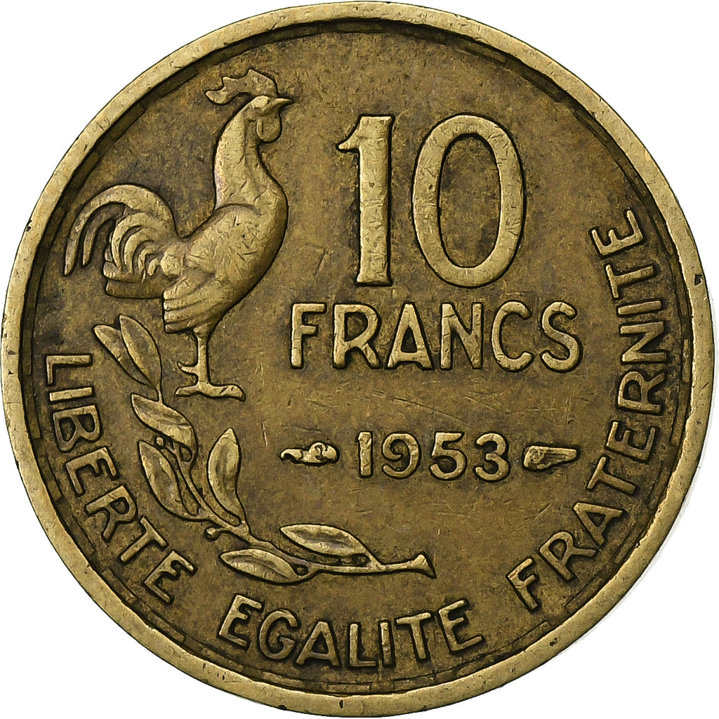 Francja, 10 Francs, Guiraud, 1953, Paris, Aluminium-Brąz, VF(30-35), KM:915.1