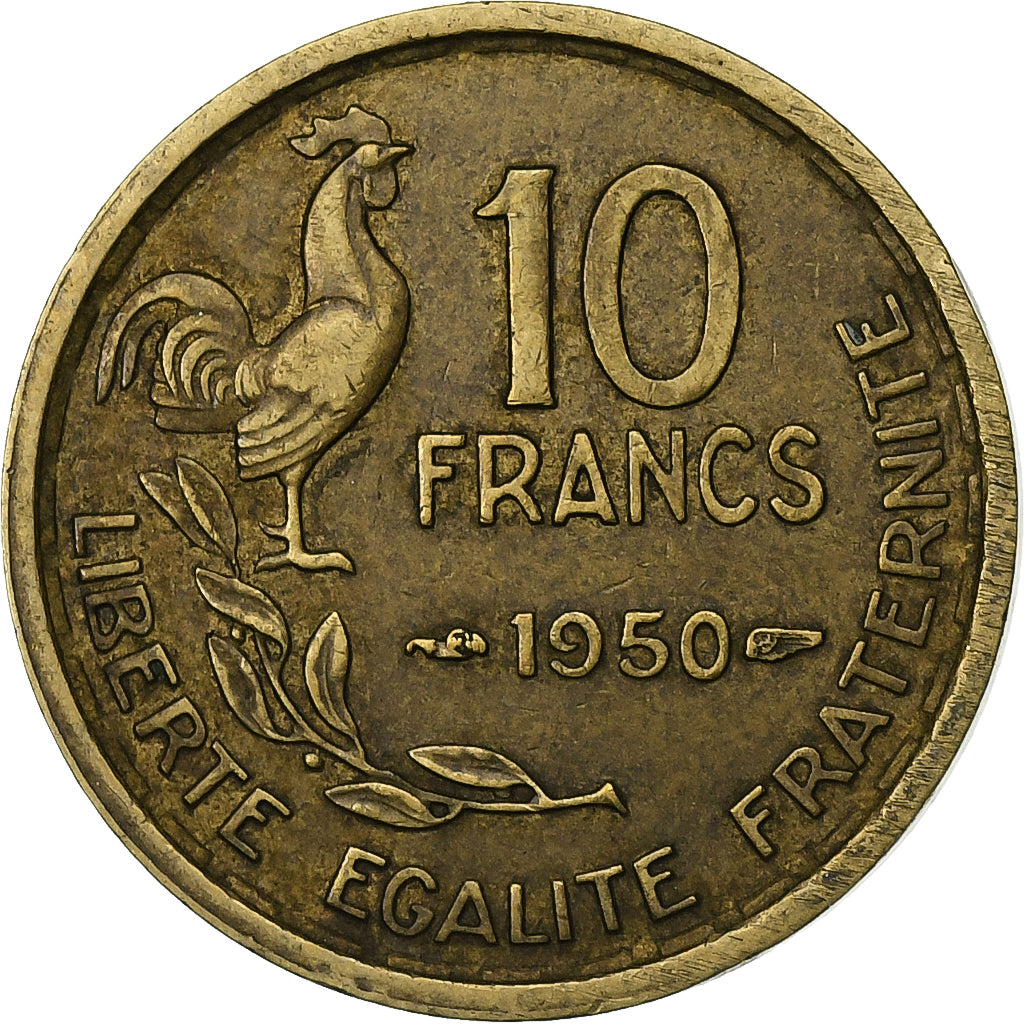Francia, 10 Francs, Guiraud, 1950, Paris, Aluminio - bronce, BC+, KM:915.1