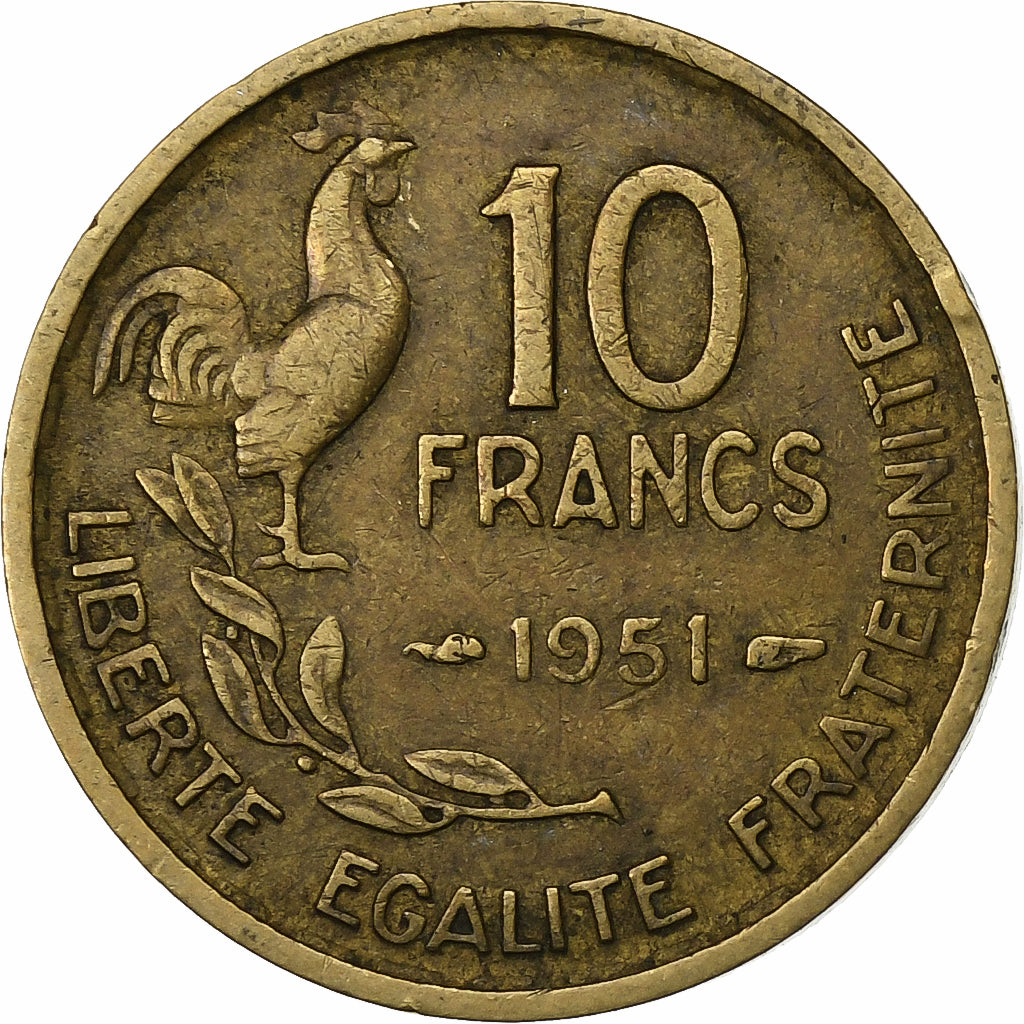 France, 10 Francs, Guiraud, 1951, Paris, Aluminum-Bronze, VF(30-35), KM:915.1