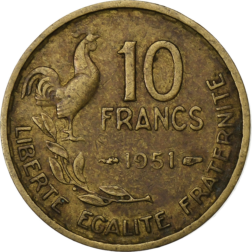 France, 10 Francs, Guiraud, 1951, Paris, Aluminum-Bronze, VF(20-25), KM:915.1