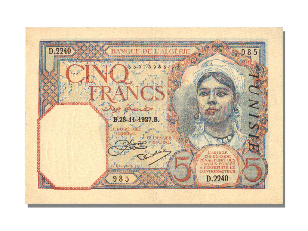 Banknote, Tunisia, 5 Francs, 1927, 1927-11-28, UNC(63)