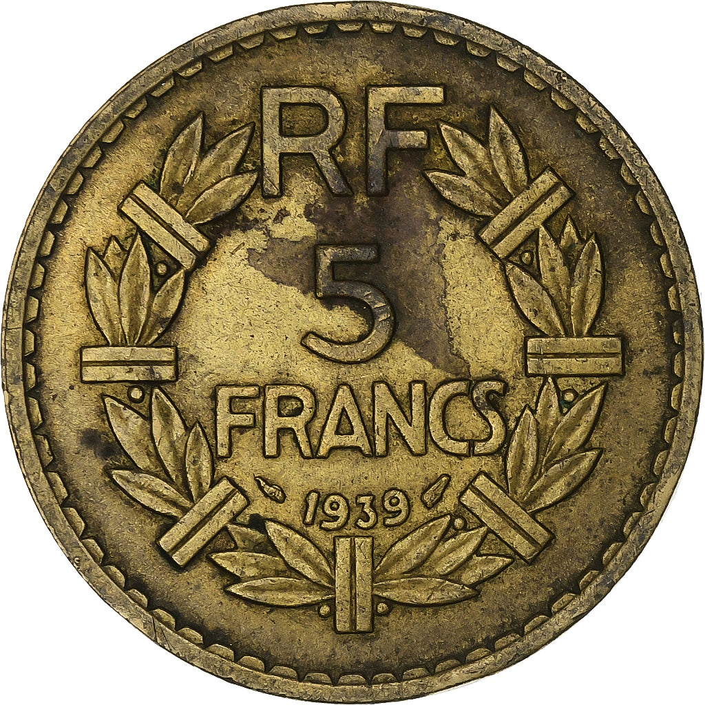 Frankrijk, 5 Francs, Lavrillier, 1939, Aluminum-Bronze, FR+, KM:888a.1