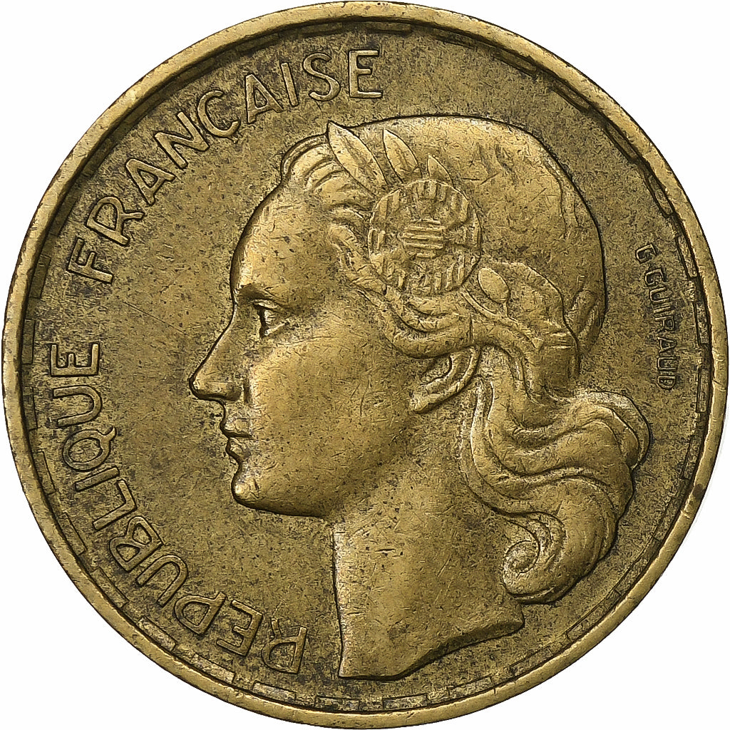Francja, 20 Francs, Guiraud, 1952, Paris, Aluminium-Brąz, AU(50-53), KM:917.1