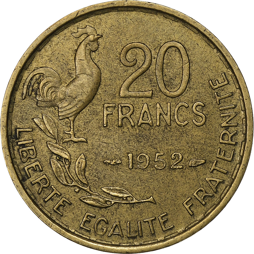 Francja, 20 Francs, Guiraud, 1952, Paris, Aluminium-Brąz, AU(50-53), KM:917.1