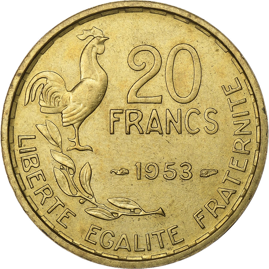 Francia, 20 Francs, Guiraud, 1953, Paris, Aluminio - bronce, SC, KM:917.1