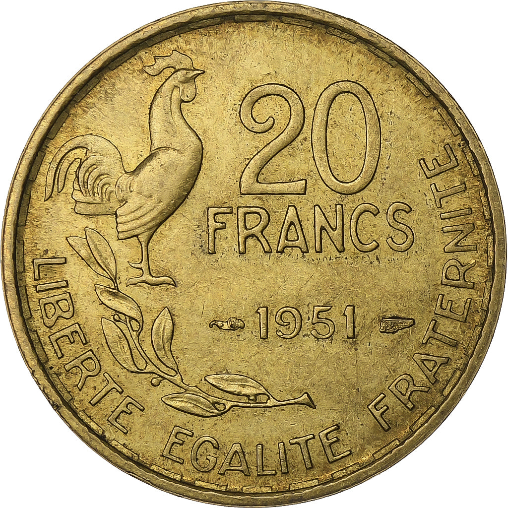 Francja, 20 Francs, Guiraud, 1951, Paris, Aluminium-Brąz, MS(63), KM:917.1