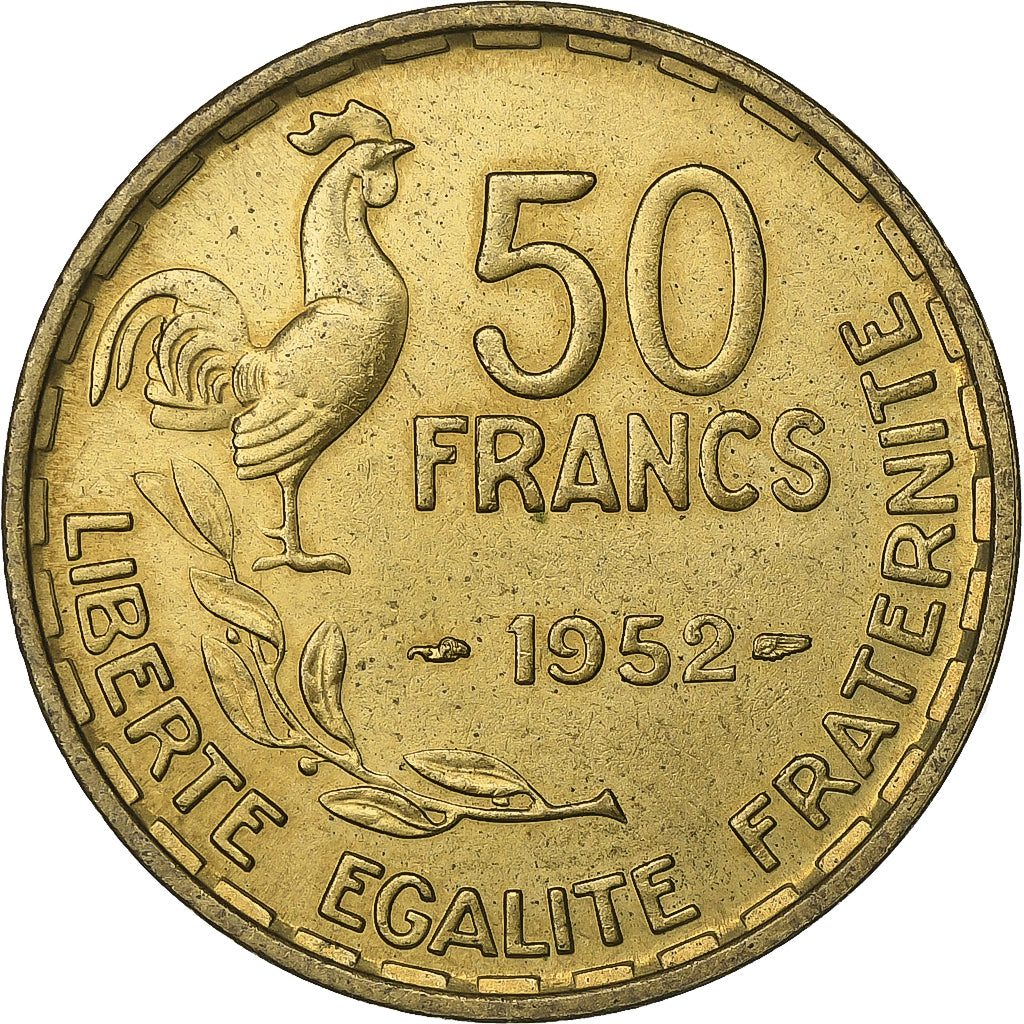 France, 50 Francs, Guiraud, 1952, Paris, Aluminum-Bronze, MS(63), KM:918.1