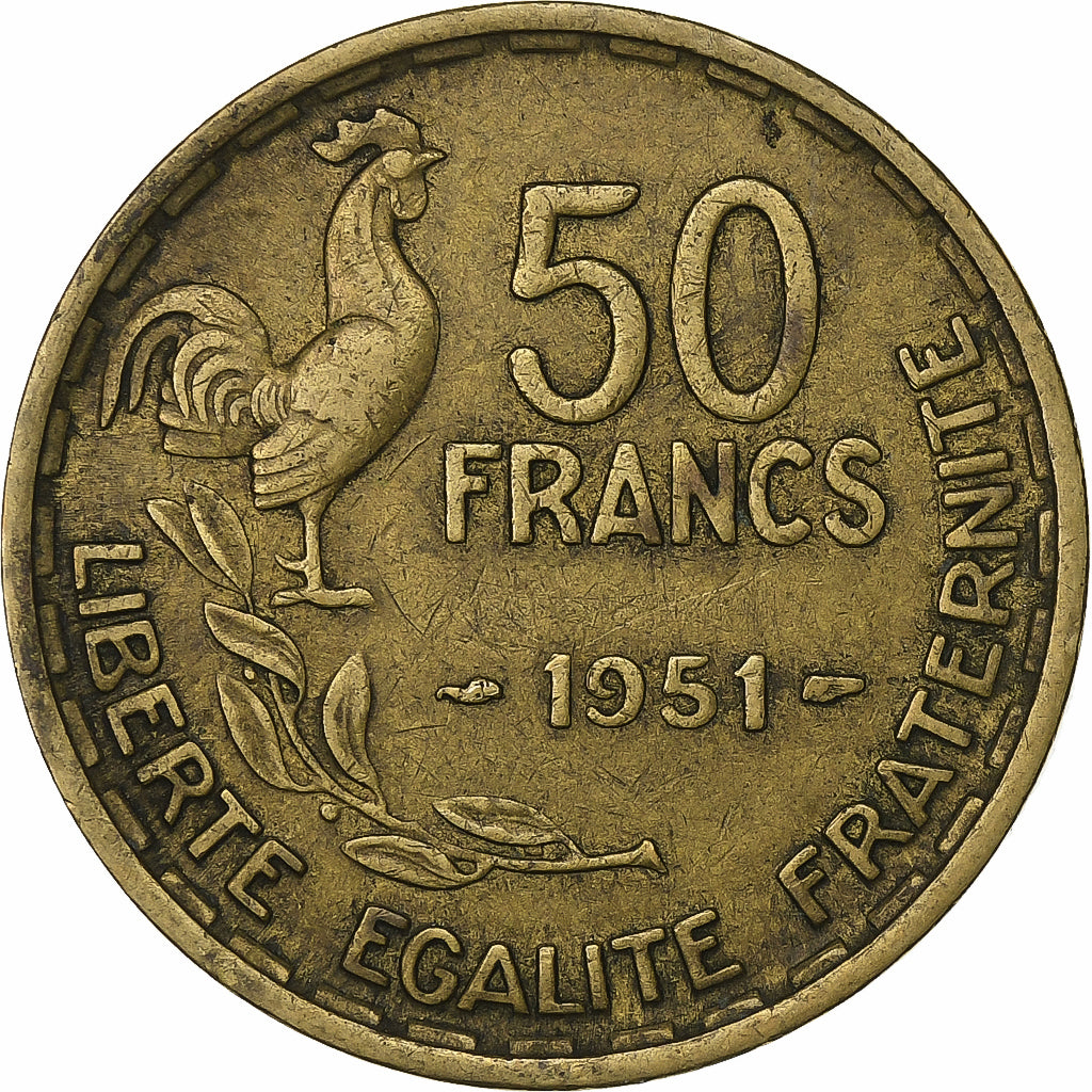 France, 50 Francs, Guiraud, 1951, Paris, Aluminum-Bronze, EF(40-45), KM:918.1